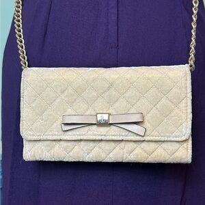 Nine West velvet quilted crossbody bag blush with gold bow and chain accents